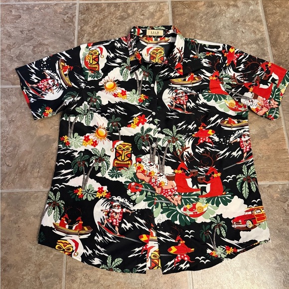 SSLR Hawaiian Christmas Shirt XL Black Tropical Santa Surfing Holiday Button-Up - Picture 3 of 8